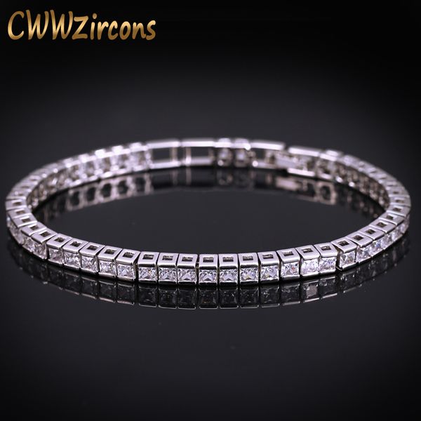 

cwwzircons brand square 3mm cubic zirconia tennis bracelets for woman white gold color princess cut cz wedding jewelry cb169, Golden;silver