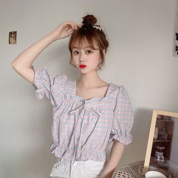 

women blouse summer square collar lantern sleeve plaid ruffled sweet shirt short female casual shirt girl shirts, White