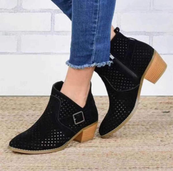 

lasperal vintage shoes women boots women side zip pu boots middle heel trend pointed toe ankle all match plus size, Black