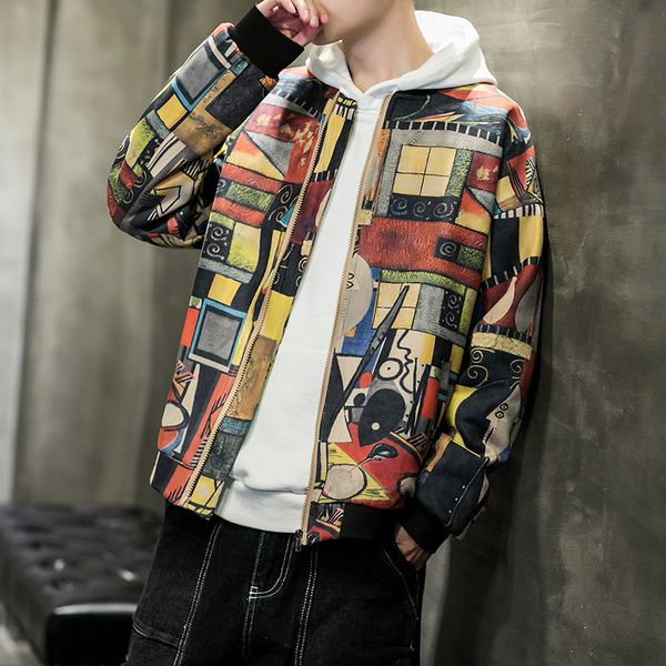 

fall 2019 new men's fashion digital printing baseball neck jacket youth leisure handsome jacket, Black;brown