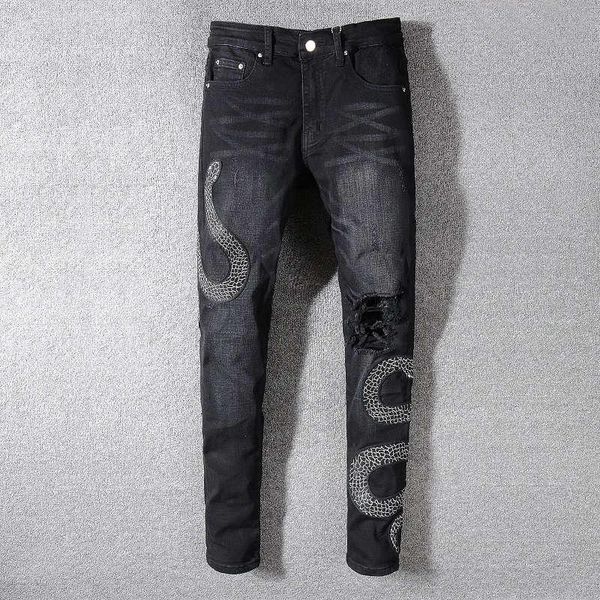 

mens designer jeans snake fashion embroidery denim pants mens slim zipper pants hip hop skinny jeans5352, Blue