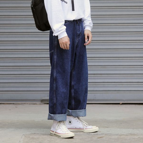 

осень новые джинсы мужчины мода омывается сплошной цвет вскользь джинсовые брюки man streetwear wild hip hop свободные прямые джинсы мужчина, Blue