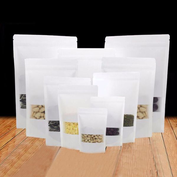

50pcs white paper bags kraft paper bag with window for gifts/wedding/candy/ kraft bags crafts stand up ziplock packing bag