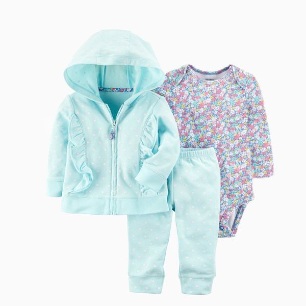 

3pcs newborn baby boy girl clothes sets 2020 spring fall animals floral warm hooded coat+romper+pants newborn baby outfits y200803, White