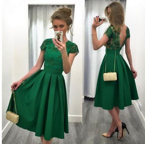 

emerald green knee length cocktail prom dress bateau cap short sleeves lace v backless homecoming party dress cheap, Black