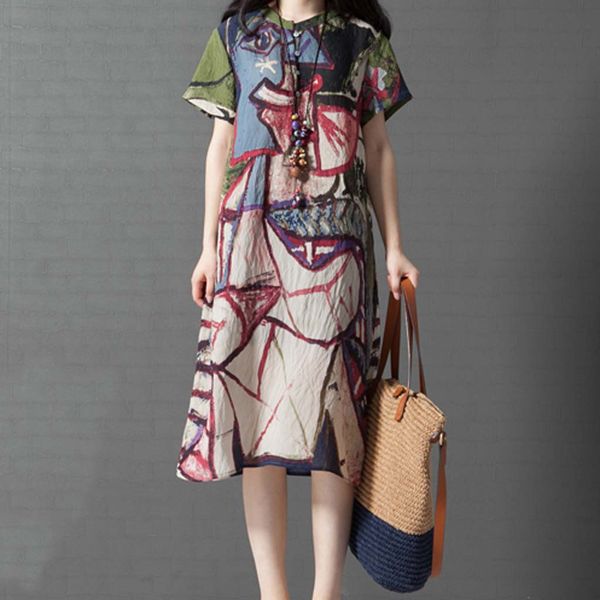 

women cotton linen summer dress printed o-neck long short-sleeve loose dress beach party dresses summer dresses 2019 vestidos, Black;gray