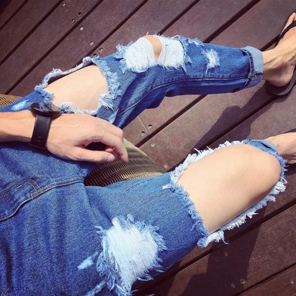 

men's skinny jeans 2019 autumn streetwear hiphop slim fit straight ripped distressed pleated knee denim pants stretch jeans, Blue