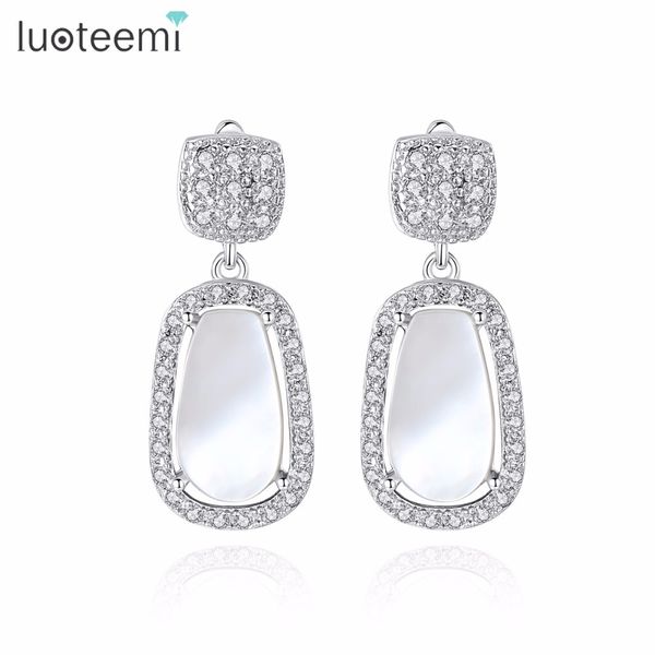 

luoteemi new fashion vintage brincos white gold color natural shell cz crystal rhinestone bar dangle drop earrings for women, Silver