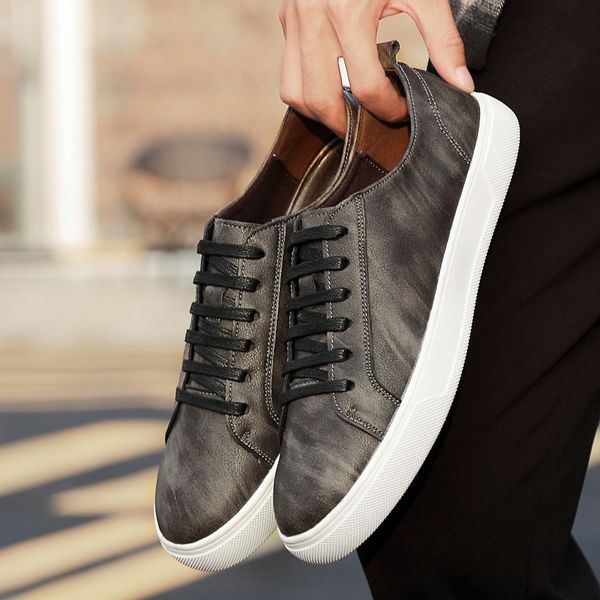 

autumn new casual shoes mens leather flats lace-up shoes simple stylish male fashion sneakers men trend wild casual, Black