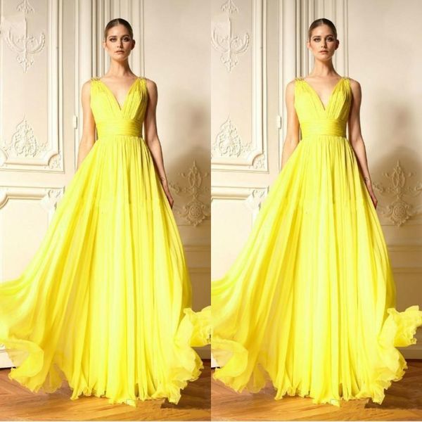 

2020 zuhair murad yellow chiffon prom dresses v-neck pleats ruched chiffon floor length ladies formal dress party gowns custom made