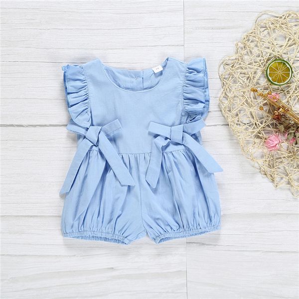 

summer baby kids clothes sleeveless pleated romper jumpsuits blue bow shorts crawling clothes kids designer clothes girls jy371