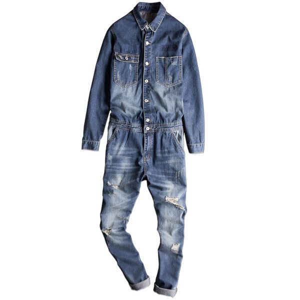 

moruancle fashion men's ripped jeans bib overalls distressed denim jumpsuits for male suspender pants with holes size -xxl, Blue