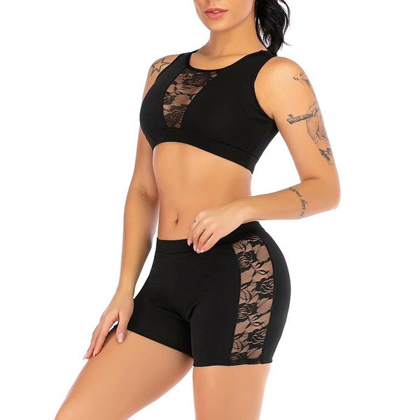 

fashion womens sport suit perspective yoga vest shorts sport fitness set elastic fitness suit+pants, Black;blue