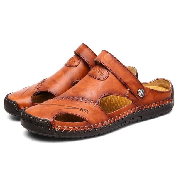 

sandals large size men's summer leather outdoor beach shoes soft bottom mens slippers, Black