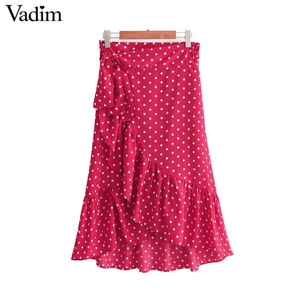 

vadim women sweet polka dots print wrap skirt fladas mujer ruffles bow tie sashes female casual chic red a line skirts ba638, Black