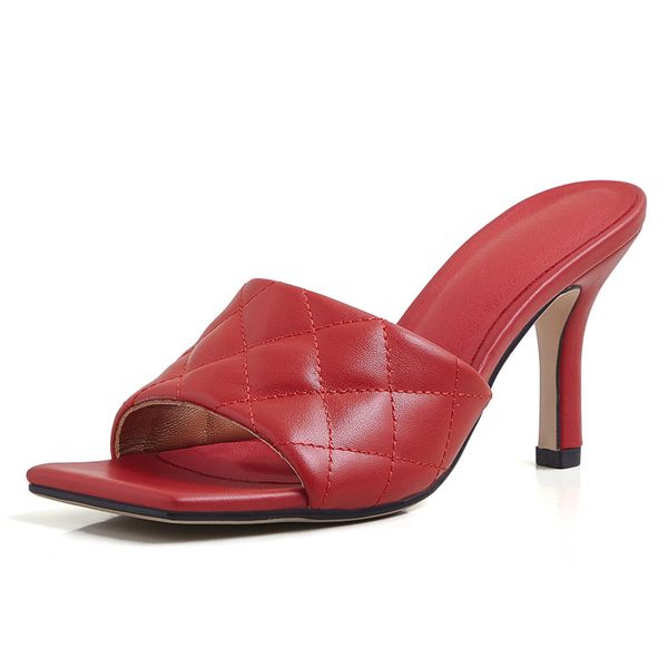 

mobetty 2020 brand design leather ladies sandals elegant square toe open toe fine heel high heel sandals summer slides elegant, Black