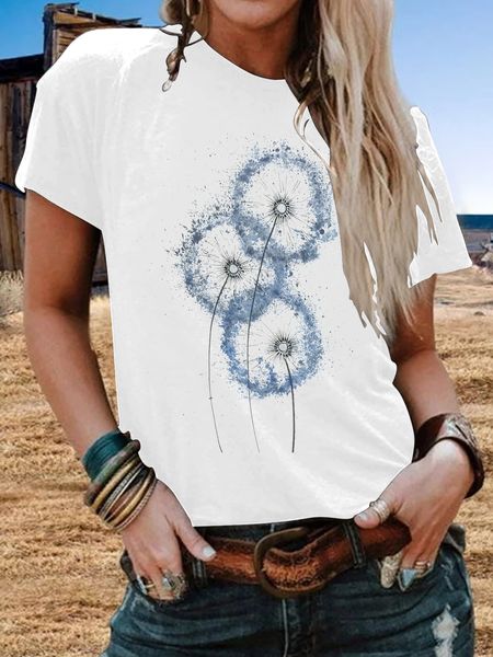 

summer women dandelion printed loose tshirt casual solid color round neck short sleeve female designer, White