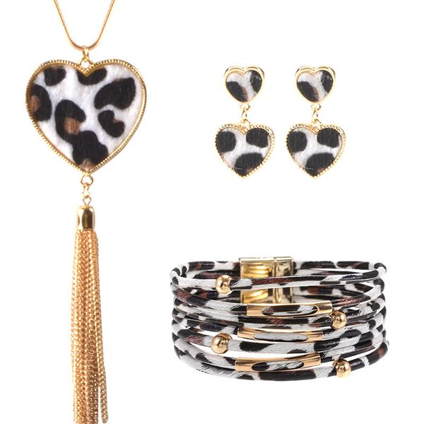 

bohemia leopard leather jewelry sets long tassel necklace multilayer wide magnetic bracelet drop earring punk party jewelry gift, Silver
