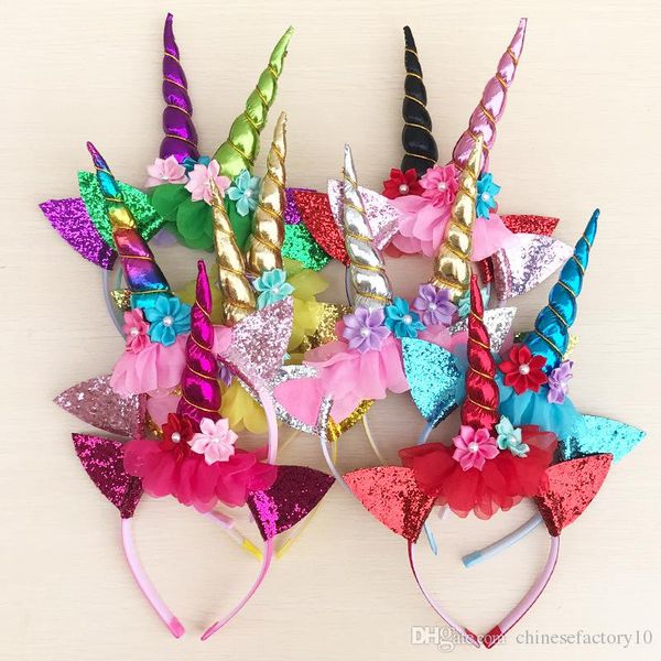 

baby sequins unicorn headband tiaras for party halloween lovely cat ears girls flower hair sticks girls hair bow, Slivery;white