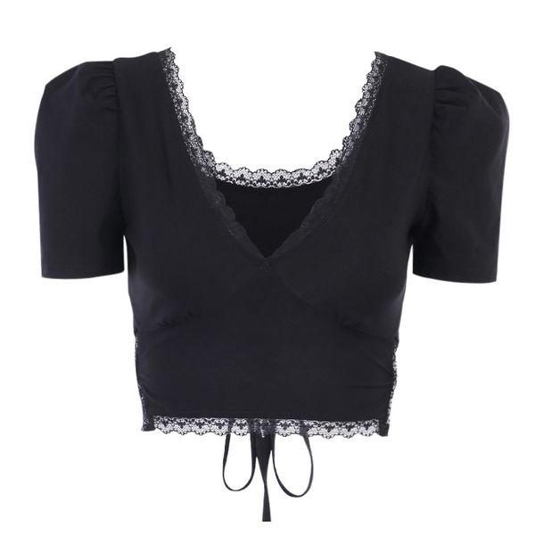 

female t-shirt deep v-neck short puff sleeve crop 2020 summer new lace stitching lace waistcoat, White