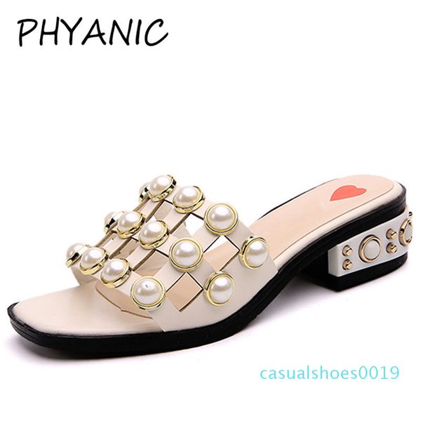 

phyanic 2018 woman sandals string bead fashion square toe slippers summer beach flats slip on women shoes creepers c19, Black