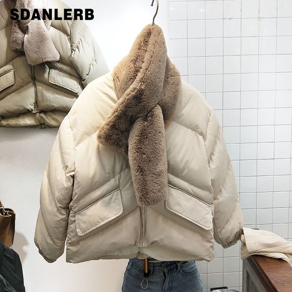 

winter coat cotton padded parka female new korean version loose thick imitation fur scarf collar padded women's warm coat, Black