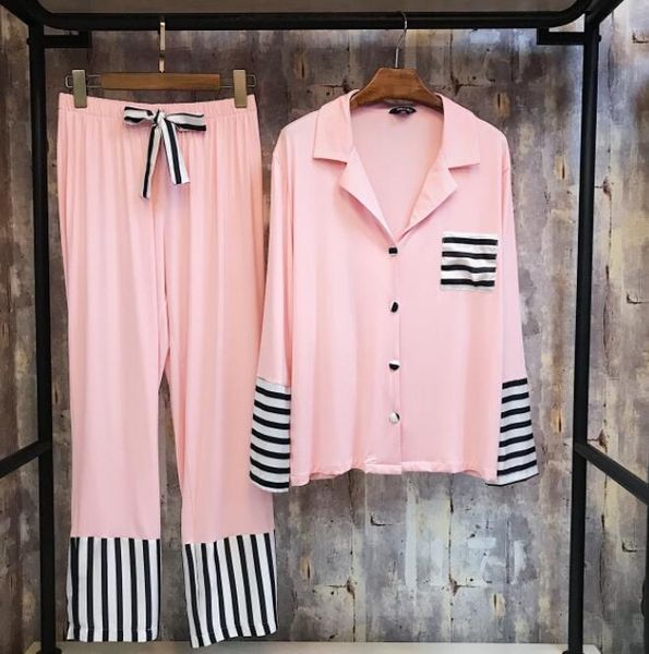 

2019 new spring women's modal cotton pajamas two pieces stripe stitching home clothes long sleeved sleepwear leisure nightwear, Black;red