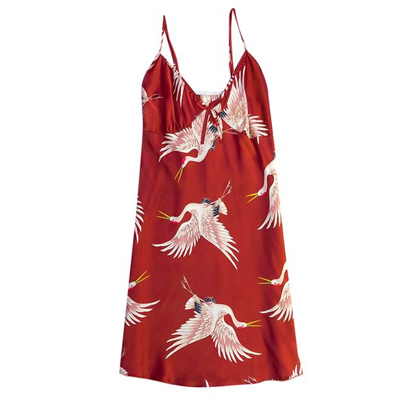 

women fashion nightgown casual summer print v-neck bow pleated backless strap nightdress nightgowns camisola impressa #e, Black;red