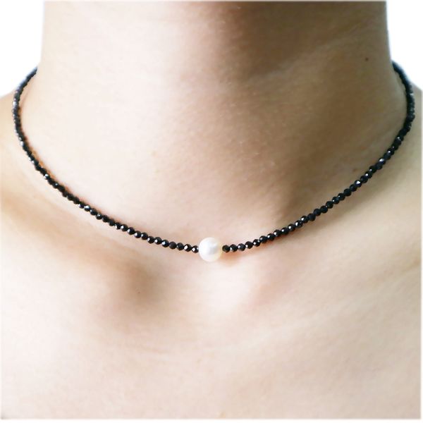 

choker necklace natural black spinels 1-2mm faceted beads freshwater pearl 925 sterling silver white gold color, Golden;silver