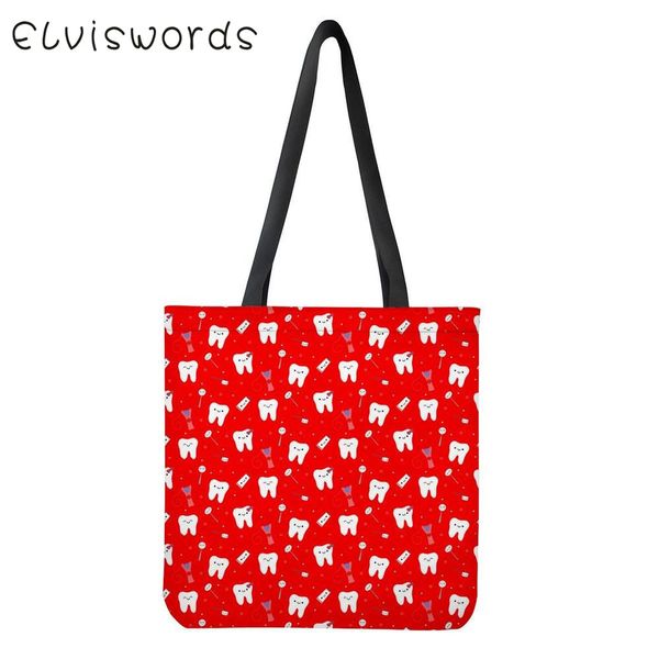 

elviswords women shoulder shopping bags cute nurse teeth print femme casual walking bags lady canvas vintage torebki damski