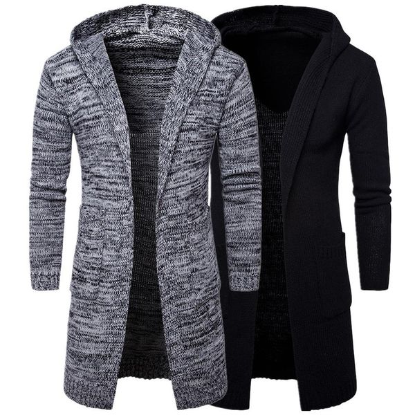 

casual men solid color black grey long sleeve pockets thick knitted cardigan hooded coat warm outwear windproof jacket coat