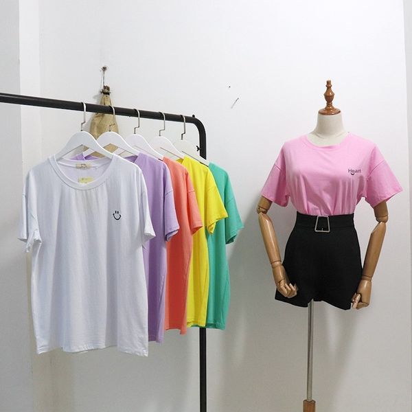 

yi lian] short-sleeved embroidered t- t-shirt women's round collar slim solid color embroidery simple all-match base shirt 8883, White