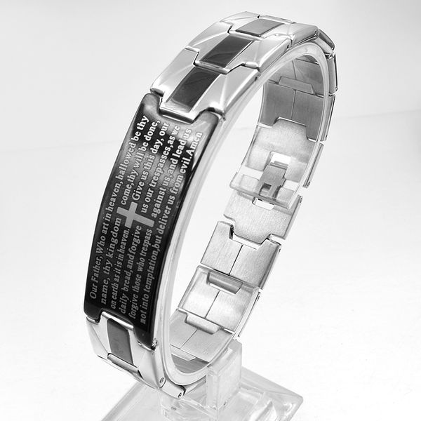 

atgo black silver color cool chains link stainless steel cuff bangle for men bible english cross bracelets jewelry gift women, White