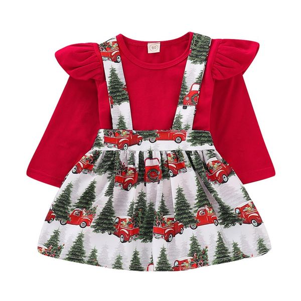 

2019 christmas dress lovely toddler kids baby girls red t shirt +christmas car print suspender braces skirt overalls