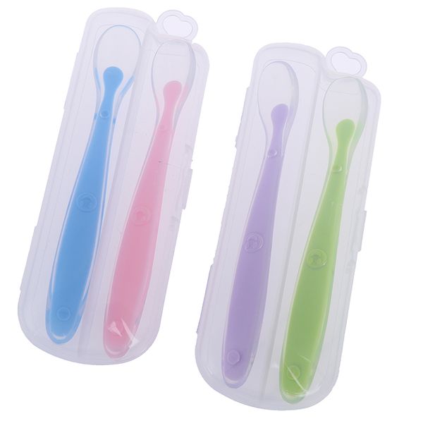 

2pcs baby girls and boys silicone non-sticky feeding spoon mummy safe soft feeding baby eating soft patchwork spoon solid color