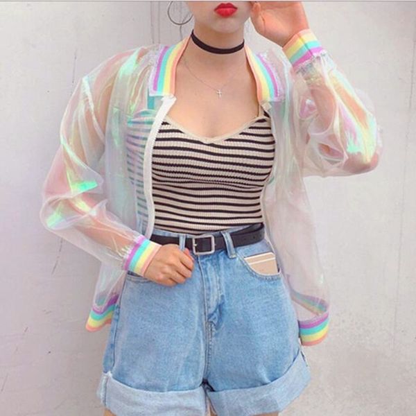 

zogaa sunproof harajuku women jacket laser rainbow symphony hologram women basiccoat clear rainbow transparent bomber basiccoat, Black;brown