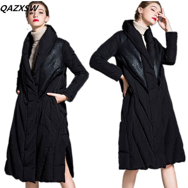 

2018 new women's winter down jacket outer loose fashion long paragraph over the knee 100% white duck down thick warm coat le289, Black