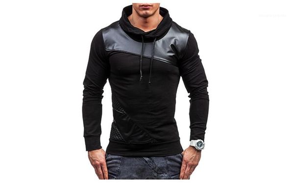 

sweatshirts spring mens pu patchwork hoodies long sleeve hooded casual male clothing panelled straight pullover homme, Black