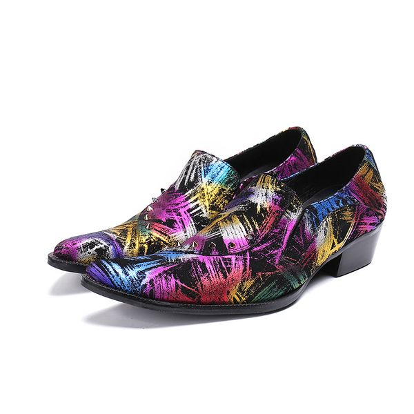 

fashion pointed toe slip-on printing men leather shoes height increasing rivets party club dress shoes, Black