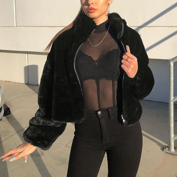 

black faux fur coat woman winter 2019 women jacket coat women's solid artificial wool collar long sleeved zipper jacket#g4