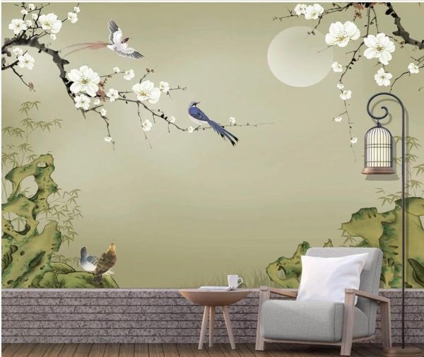 papel de parede moderno para sala de estar Nova mão estilo chinês pintado de bambu pedra wallpapers folha de ameixa parede decoração fundo pintura