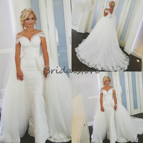 

elegant country mermaid wedding dresses with detachable trains cap sleeves lace up robes de mariée bohème saudi arabia beach wedding dress, White