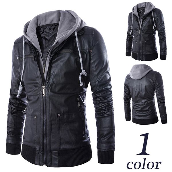 

sportswear hiking jacket men's hooded pu leather jackets false two men's motorcycle pu leather coats zipper pocket, Blue;black