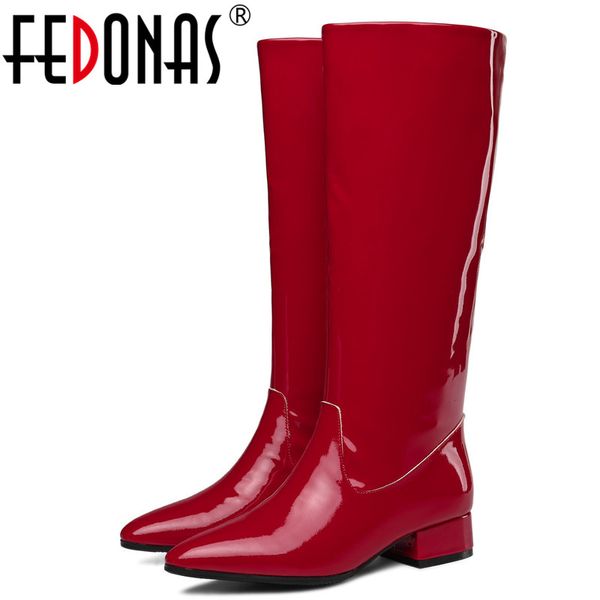 

fedonas new cow patent leather women knee high boots high heels zipper plus size female riding boots party dancing shoes woman, Black