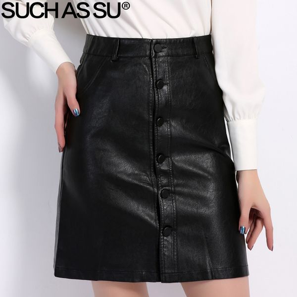 

fall winter skirts women brand knee-length pu leather skirt s  l xl xxl xxxl plus size single-breasted black skirt female, Black;gray