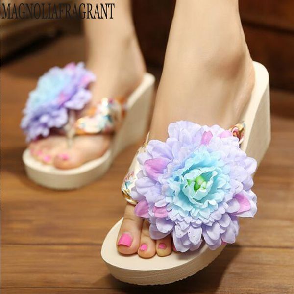 

summer korean version slippers thick bottom non-slip shoes outdoor holiday beach shoes flowers decor flip flops simple sandals m, Black