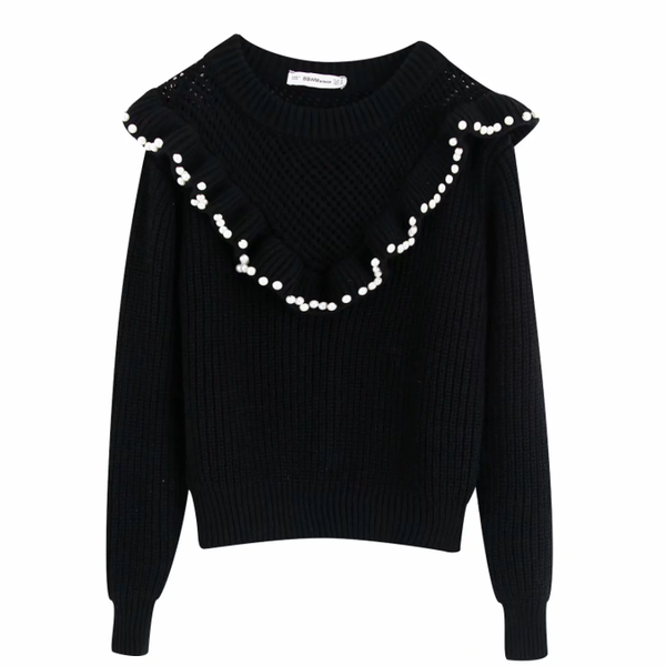 

2019 autumn women pearl beading cascading ruffles knitting pullovers sweater ladies o neck long sleeve chic brand sweaters s207, White;black