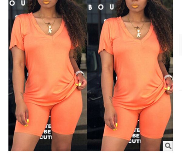 

women's casual short sleeve t-shirt and shorts set summer wild fashion solid color outfits two-piece, White;red