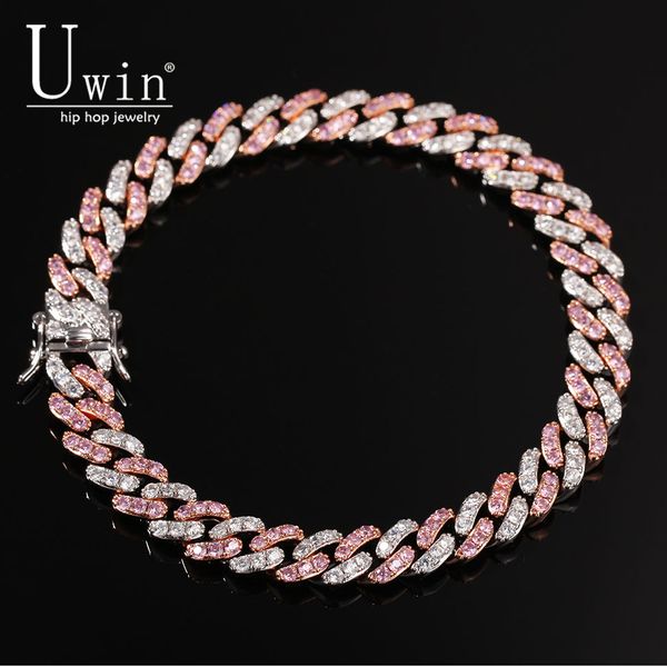 

uwin 9mm cuban bracelet iced out pink and white zircon luxury hip hop fashion punk bling bling jewelry, Golden;silver