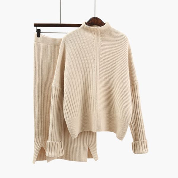 

2019 women wool knitted suit soft warm spring autumn suit female pullover sweater & skirt 2 piece set beige, blue, khaki, White